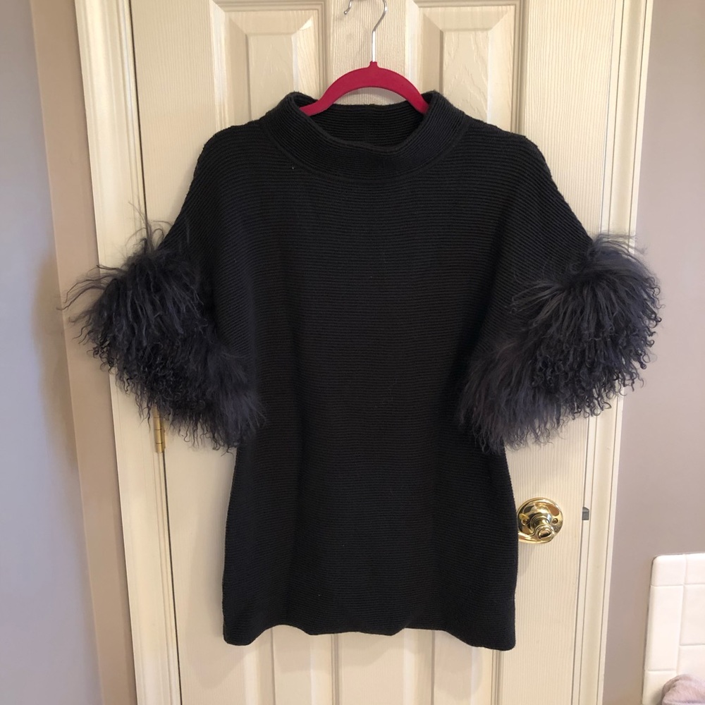 Dark Gray Sweater With Real Fur Sleeve Accents.